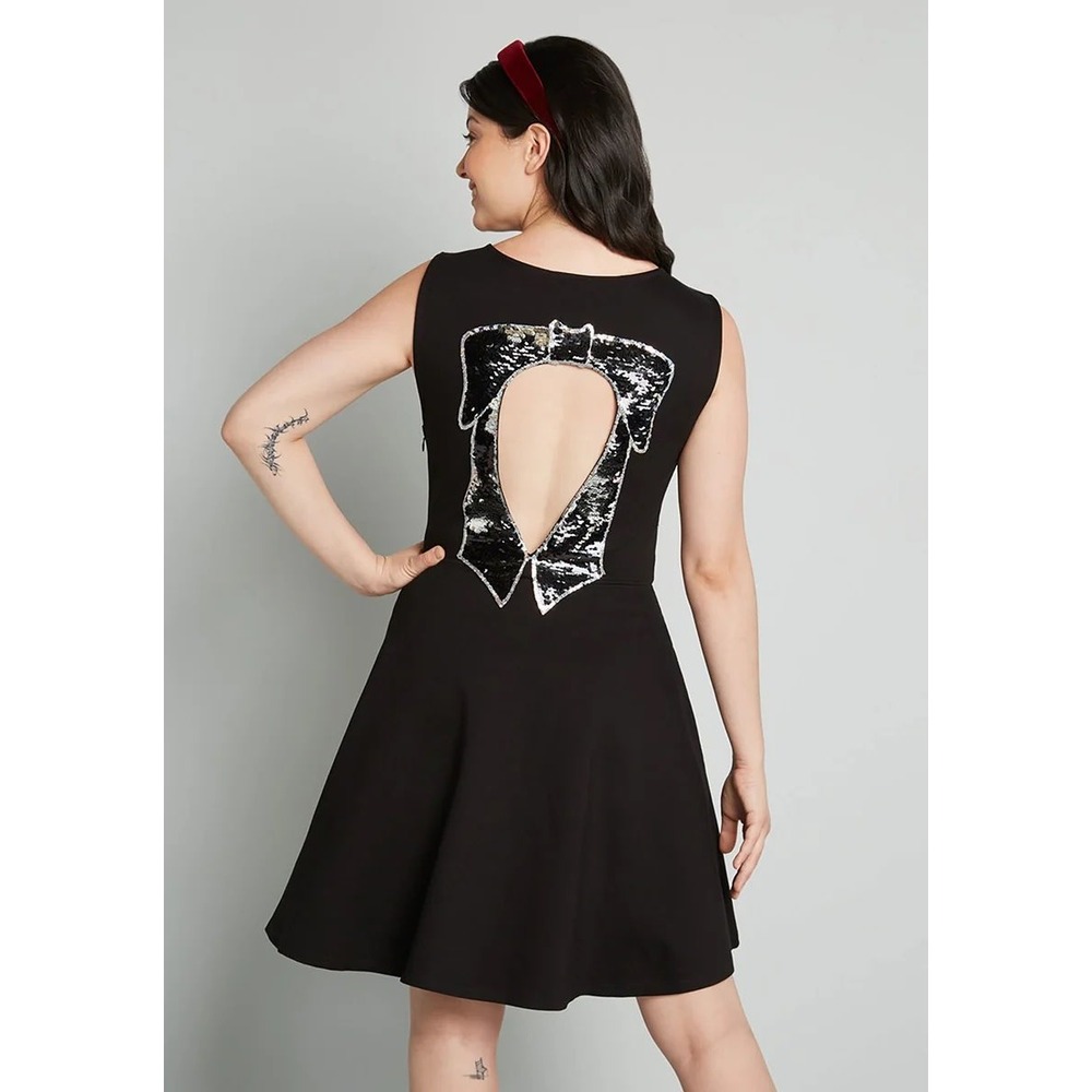 ModCloth Black Bow Affair Fit And Flare Dress Holiday Sequin Bow Cut Out M